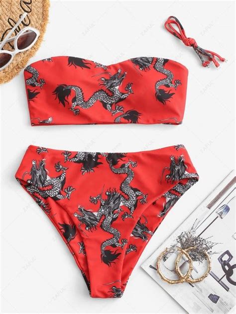 Off Zaful Dragon Print Oriental High Waisted Bikini Swimwear