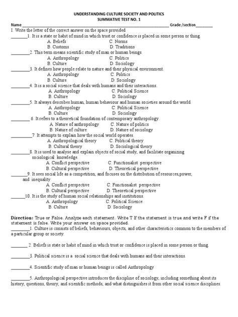 Understanding Culture Society And Politics Summative Test And Performance Task Pdf Sociology