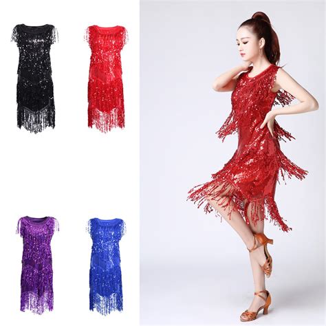 Women Latin Tango Ballroom Dance Dress Sequins Tas Grandado