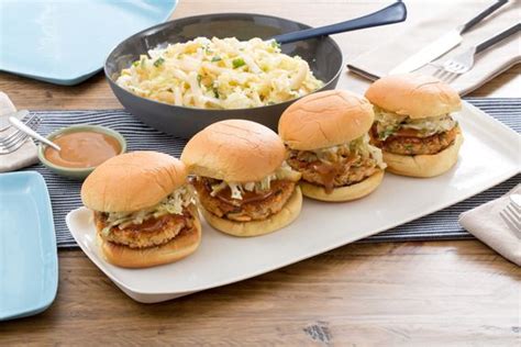 Savory Salmon Burgers With Tangy Hoisin Mayonnaise And Refreshing Asian Pear Cabbage Slaw