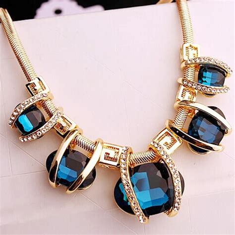 Big Blue Crystal Pendant Necklace Gold Choker Statement Bib Necklace