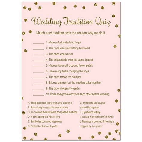 Wedding Tradition Quiz Bridal Shower Game Faux Gold Glitter On Pink 24 Cards