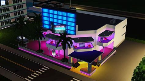 An Artists Rendering Of A Building With Neon Lights And Palm Trees At