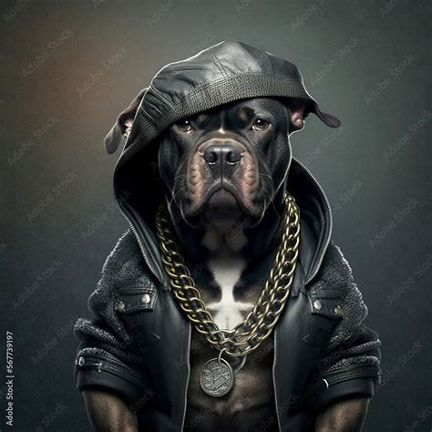 ภาพประกอบสตอก Dogs in leather jacket with golden chains rapper or