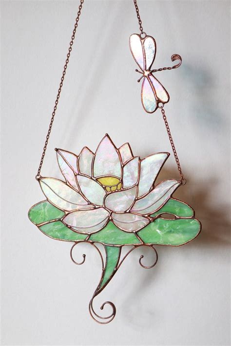 Pink Water Lily Flower Suncatcher Lotus Stained Glass Home Decor Sun