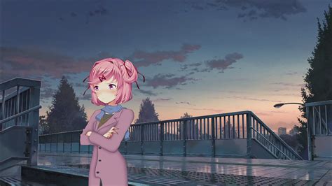 Natsuki on the Stairs Wallpaper (DDLC) by VideoGameWallpapers on DeviantArt