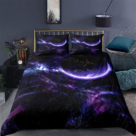 Housse de Couette Planète Galaxie Violette Parure de Lit Microfibre