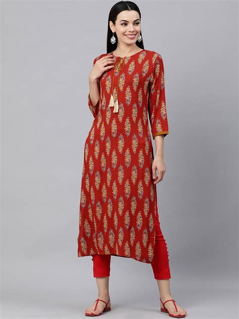 Buy Kalini Women Red And Mustard Yellow Ethnic Motifs Printed Kurta