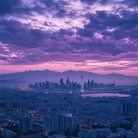 A city skyline with a purple sky and a city skyline in the background ...