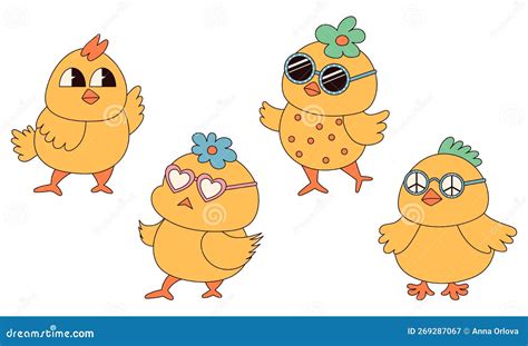 Groovy Hippie Happy Easter Characters Set Of Easter Chicks In Trendy Retro 60s 70s Cartoon