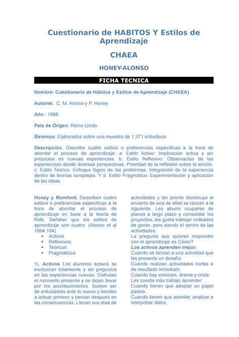 Manual Cuestionario De HABITOS Y Estilos De Aprendizaje CHAEA HONEY