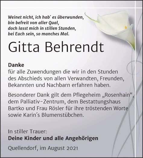 Traueranzeigen Von Gitta Behrendt Abschied Nehmen De