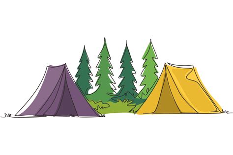 Continuous One Line Drawing Two Tents Camping Tourist Pine Forest