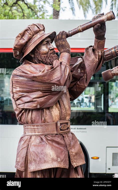 Motionless Living Human Statue Of Galileo With His Telescope Located