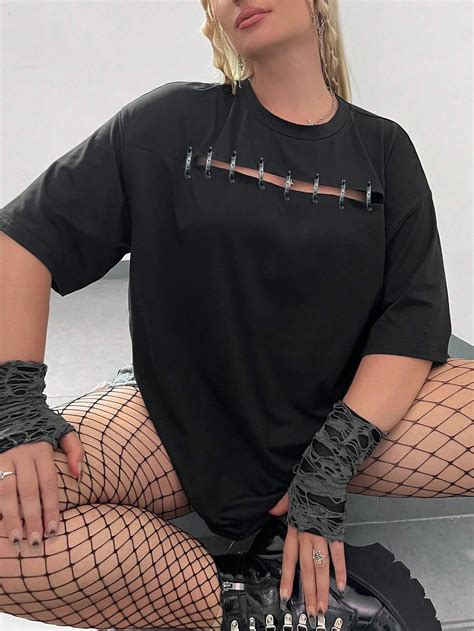 Romwe Punk Camiseta De Hombros Ca Dos Con Dise O De Pin Moda De Mujer