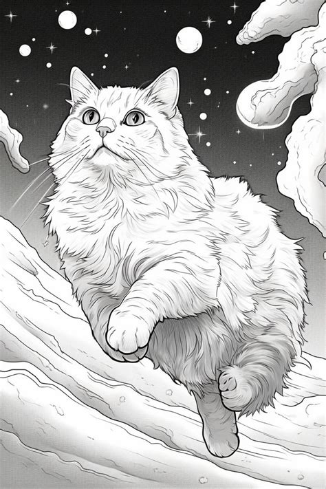 A Black And White Drawing Of A Cat Sitting On Top Of A Snow Covered Hill