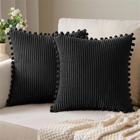 Anroduo Pack Of 2 Black Boho Decorative Pillow Covers With Pom Poms Pillow Covers