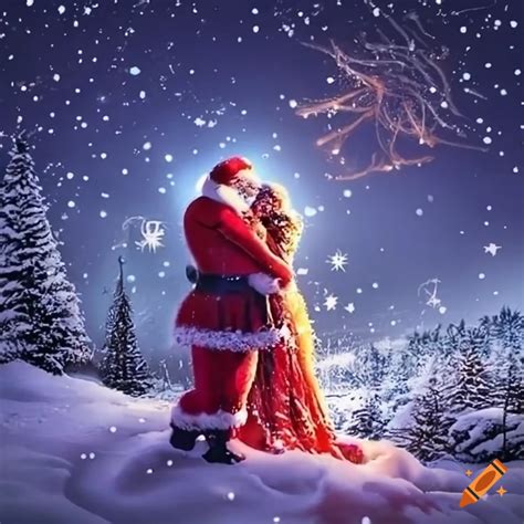 Romantic Winter Scene With A Couple Kissing Under The Christmas Tree On