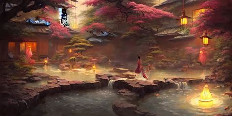 Painting Of Private Magical Onsen Next To Japanese Inn Stable Diffusion