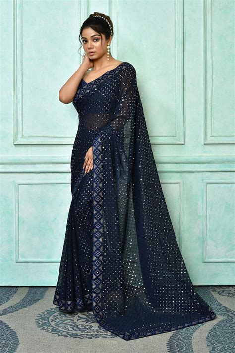 Buy Blue Georgette Embroidered Thread And Work Saree With Running