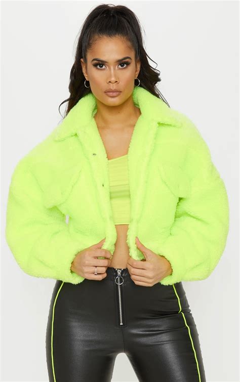 Neon Green Borg Cropped Trucker Jacket | PrettyLittleThing