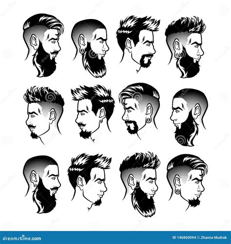 Set Of Vector Bearded Men Faces Profile Hipsters Heads With Different