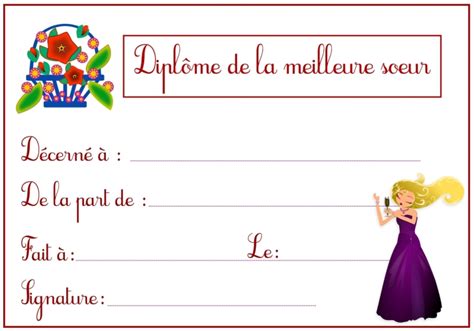 Diplôme De La Meilleure Sœur Gratuit à Imprimer