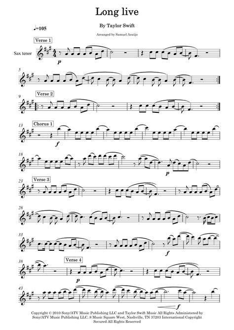 Long Live Arr Saa Composition Sheet Music Taylor Swift Tenor Sax Solo