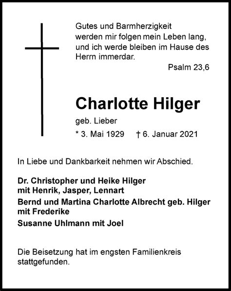 Traueranzeigen Von Charlotte Hilger Trauer In Nrw De