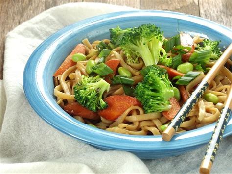 A Blue Bowl Filled With Noodles Broccoli And Carrots Next To Chopsticks