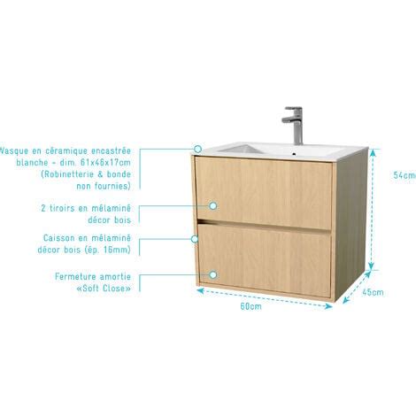 Pack Meuble Salle de Bains 60 cm Chêne Clair 2 tiroirs avec Vasque