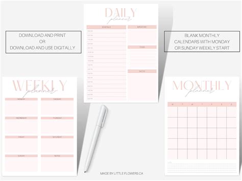 Pink Printable Planners Daily Planner Weekly Planner Monthly Planner Instant Digital Download