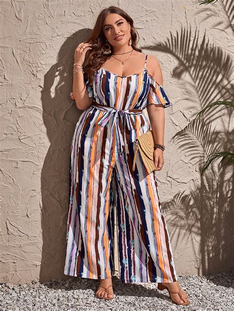 SHEIN Clasi Plus Striped Cold Shoulder Belted Wide Leg Jumpsuit SHEIN USA