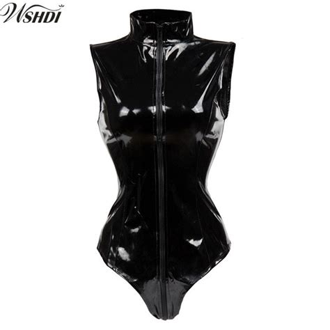 Sexy Black Pvc Bodysuit Zipper Latex Wetlook Catsuit Gothic Faux