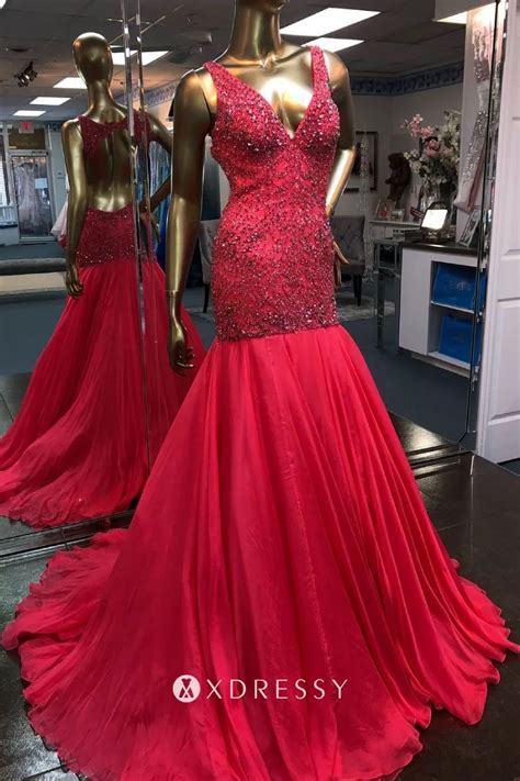 Beaded Ruby Red Drop Waist Mermaid Pageant Gown Xdressy