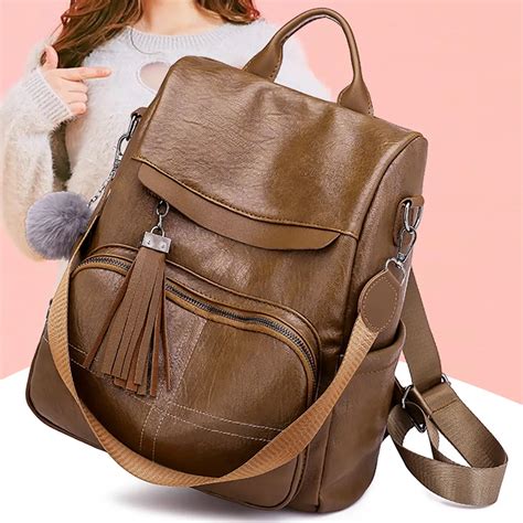 Women Pu Leather Backpack Anti Theft Shoulder Bag Tide Wild Leather Multi Function Shoulder Bag