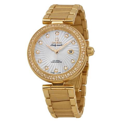 Omega De Ville Ladymatic Mother of Pearl Dial 18kt Yellow Gold Diamond Ladies Watch ...