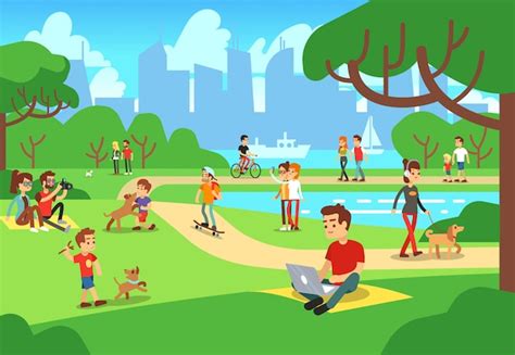 Premium Vector People In City Park Relaxing Men And Women Outdoor