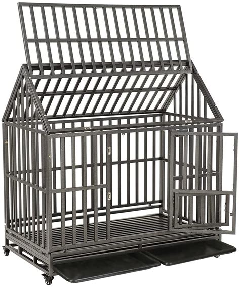 SMONTER 48" Heavy Duty Dog Crate Strong Metal Cage House Shape Pet Kennel Crate Playpen with 4 ...