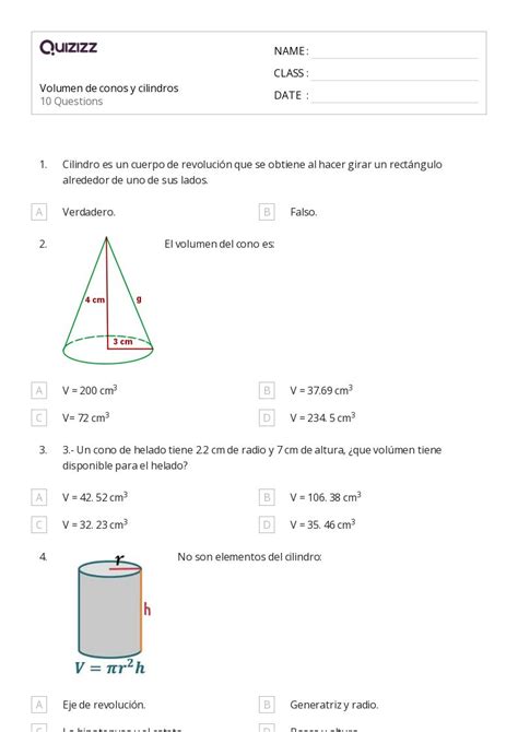 Volumen De Un Cono Hojas De Trabajo Para Grado En Quizizz