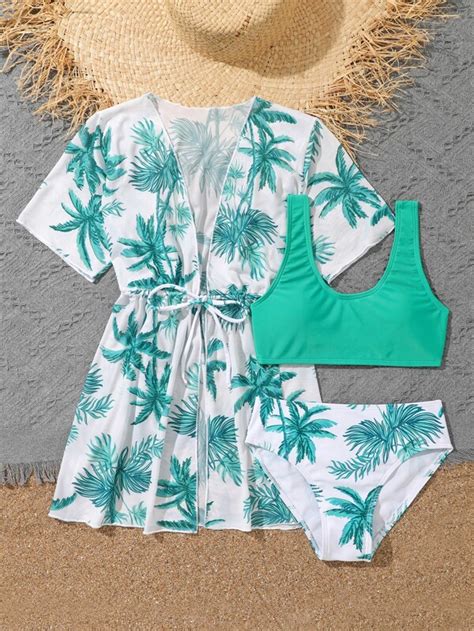 Girls 3pack Tropical Print Bikini Swimsuit And Kimono Shein Usa