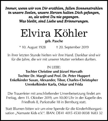 Traueranzeigen Von Elvira K Hler Abschied Nehmen De