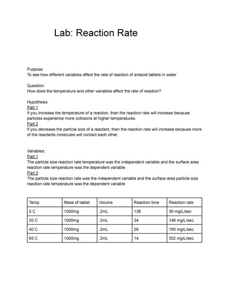 Chemistry Lab Report Lab Reaction Rate Purpose To See How Different