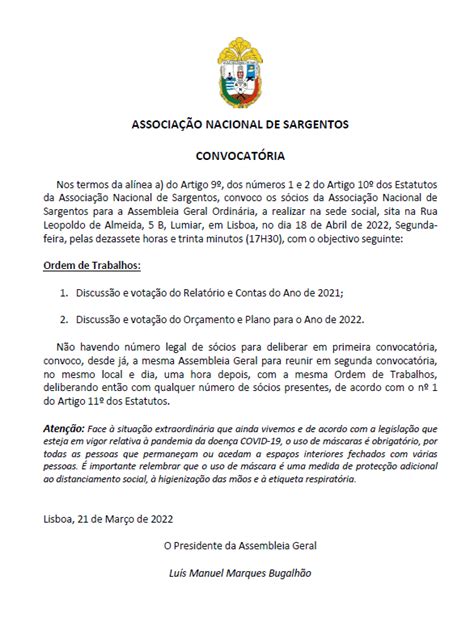 Convocatória Assembleia Geral Ordinária no dia 18 de Abril 2022 ANS