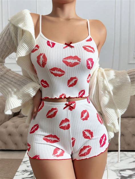 Lip Printed Ruffle Hem Pajama Set White Set In 2024 Loungewear