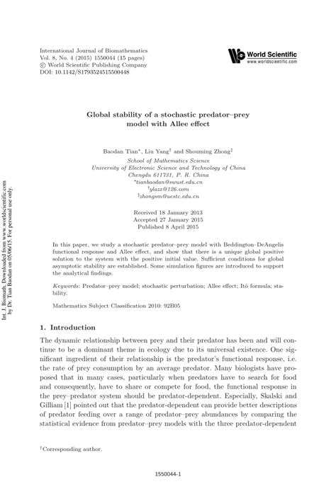 Pdf Global Stability Of A Stochastic Predatorprey Model With Allee