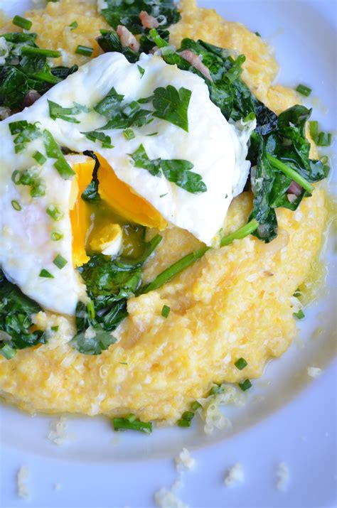 Creamy Cheddar Cheese Grits With Sautéed Spinach Pancetta And Poached Eggs From Scratch With