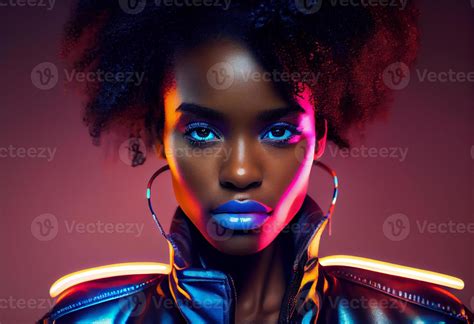 Fashion portrait beautiful black woman, look at camera, in neon studio ...