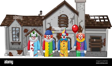 Creepy Clowns Standing In Front Of An Abandoned House Illustration