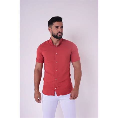 Camisa Social Masculina Gola Padre Manga Curta Slim Masculina MK